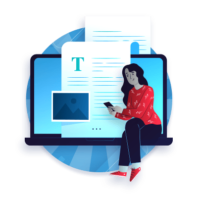 A graphic of a woman sitting and using her phone. Behind her is a large laptop with a document coming off of the screen.