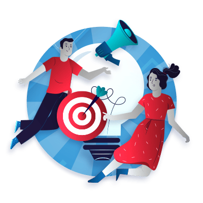 A graphic of a man and woman floating around a lightbulb, alongside a target and megaaphone