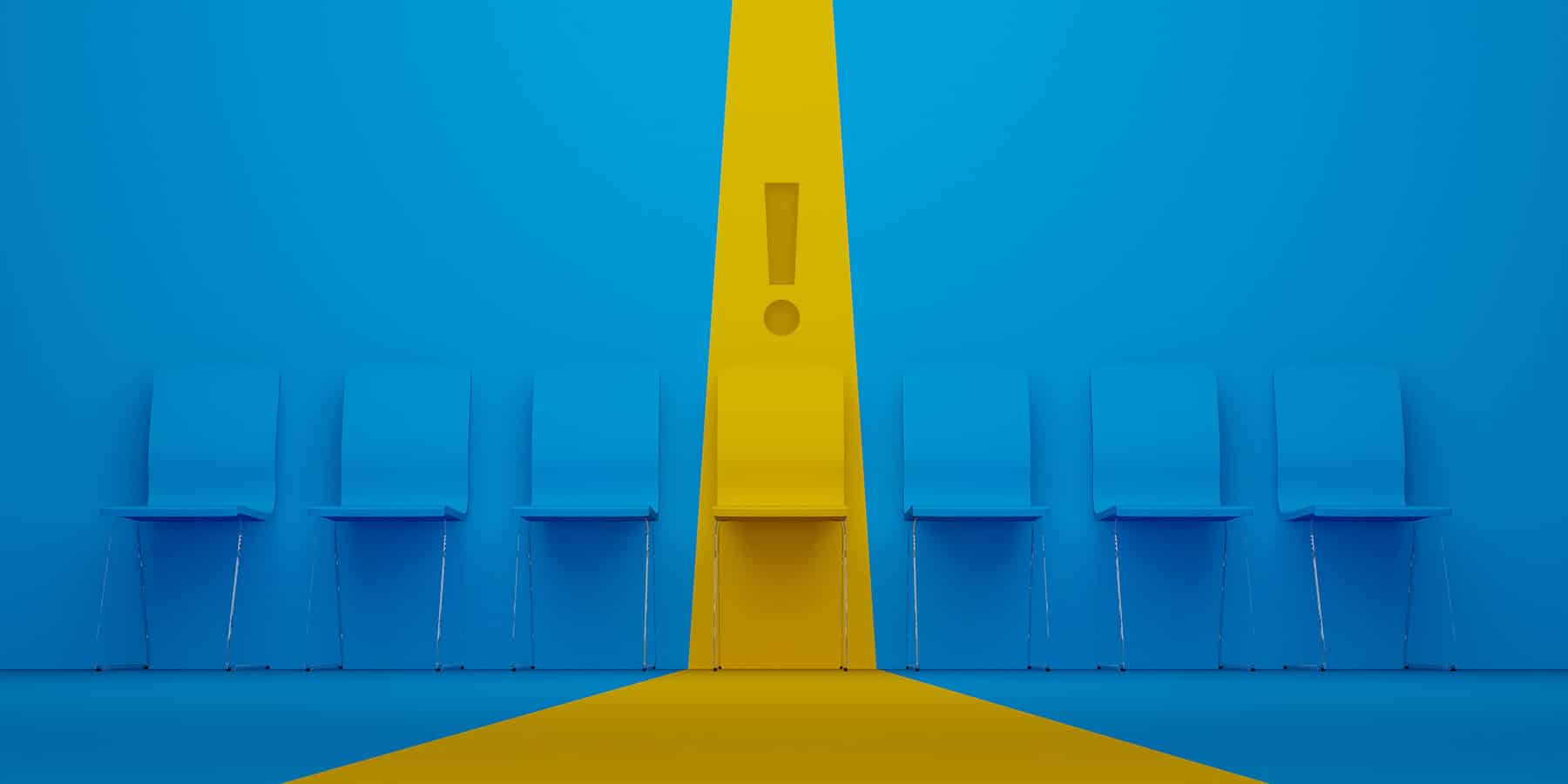 A row of blue chairs with a yellow chair in the center, with an exclamation point above it