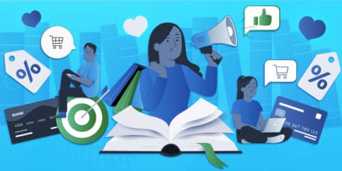 A graphic of a woman holding a megaphone and sales icons