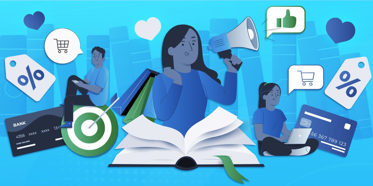 A graphic of a woman holding a megaphone and sales icons