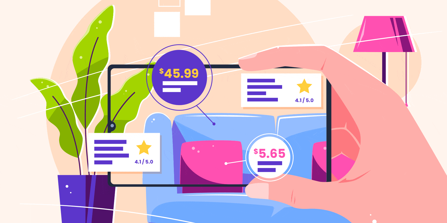 A graphic of a phone with pricing and reviews popping up