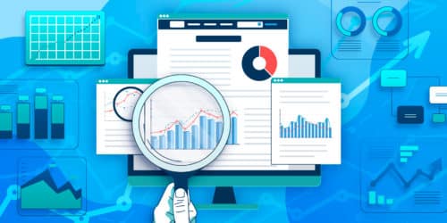 A graphic of someone using a magnifying glass on web browser pages