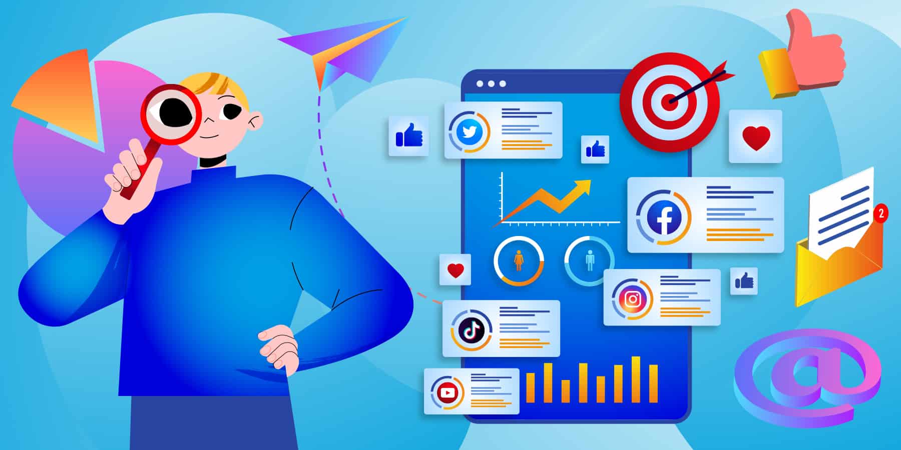 A graphic of a person holding a magnifying glass and social media icons next to them.