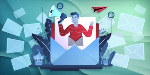 A graphic of a man appearing out from a large email envelope holding a megaphone