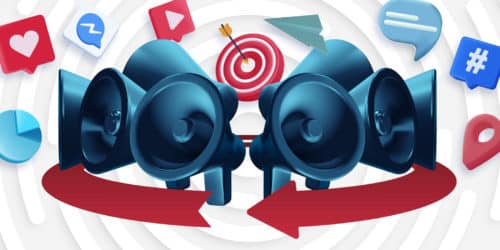 A graphic of megaphones in a circle surrounded by social media and messaging graphics