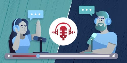 A graphic of a man and a woman hosting a podcast together