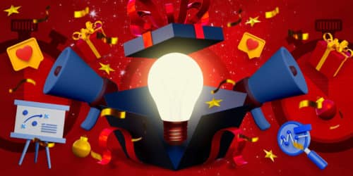 graphic with red background with holiday decorations and marketing graphics all around