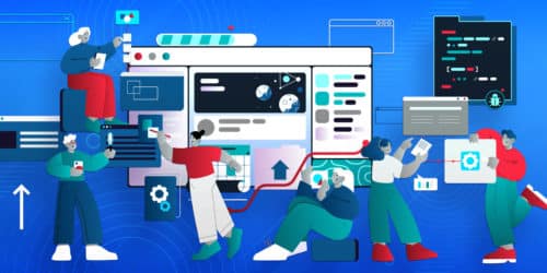 graphic showing animated characters in front of web audit graphs and charts