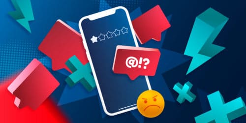 graphic for how to handle negative reviews webinar featuring image of iphone and frowning face emoji