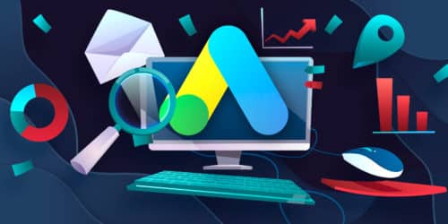 illustration of desktop computer with the Google Ads logo overlaid on top