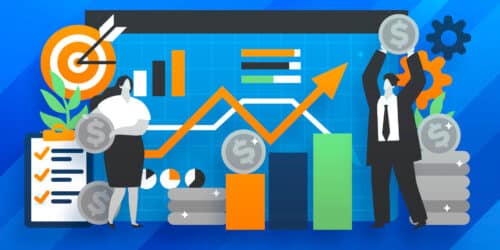 digital illustration of a man and a woman holding large coins representing business funding