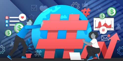 an illustration of a man and a woman pushing opposites of a large red hashtag that represents trends